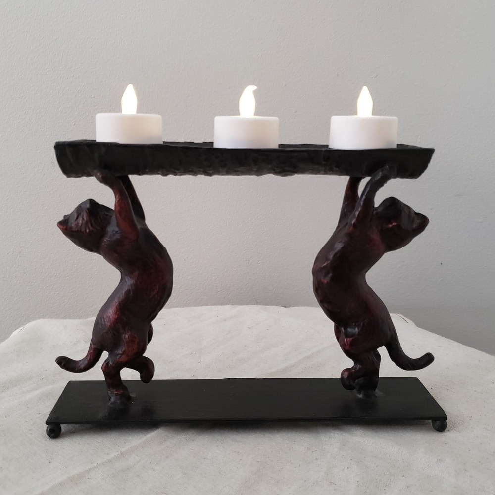 Cast Iron Cat Kitten Votive Candle Tea Light Holder Whimsical Rustic Decor